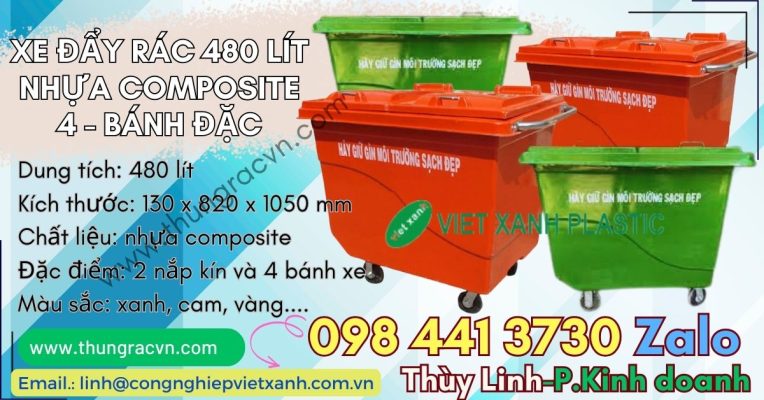 Thùng rác nhựa composite 480 lít 4 bánh đặc