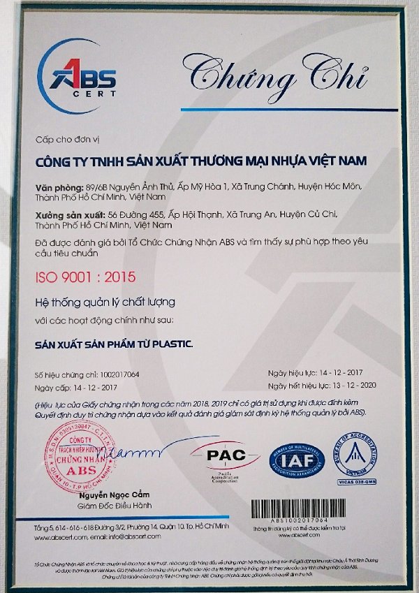 Công ty TNHH SX TM NHỰA VIỆT NAM đã đạt chứng nhận về chất lượng